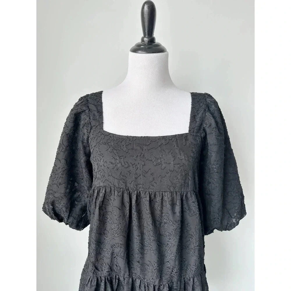 Nordstrom Lush Black Textured Puff Sleeve Mini Dress - Size Small - Picture 7 of 8